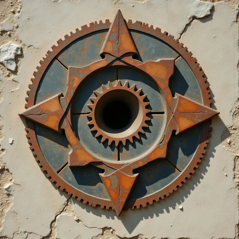 A circular arrangement of rusted orange metal gears and pointed star-like shapes is set against a textured, cracked beige wall. The composition features concentric circles with dark shadows cast beneath the raised metallic elements, creating depth within the layered geometric forms. Muted tones of gray and tan contrast with the warm, oxidized texture of the central metalwork.