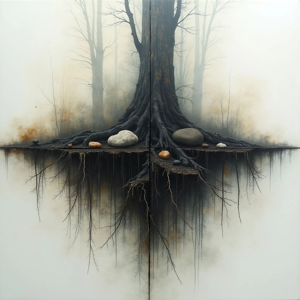A solitary, large tree stands prominently in a dense forest shrouded by thick fog. The ground beneath the tree is visible through a clear surface—like water—revealing its complex network of roots extending downwards into a mirrored reflection. Stones rest on the soil around the base of the trunk, adding to the quiet stillness of the scene.