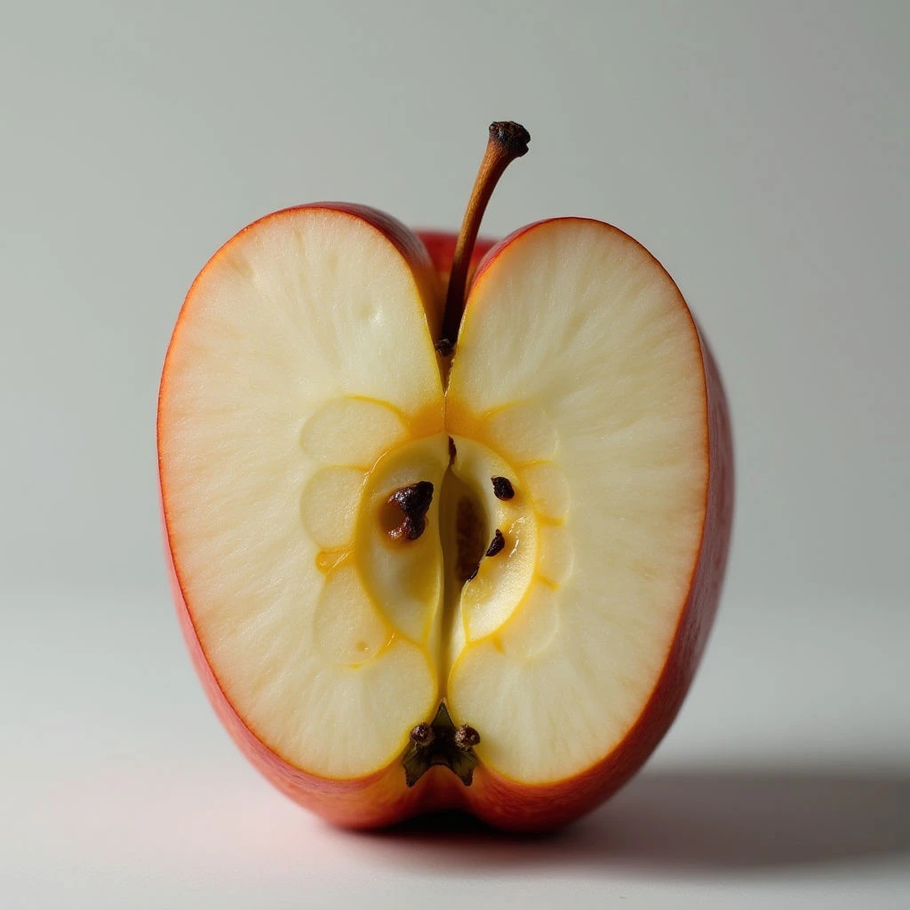 The image features a halved apple with predominantly red skin and pale yellow flesh, contrasted by dark brown seeds and stem. Surfaces appear smooth and slightly glossy on the cut fruit, while the stem exhibits a rougher texture. Soft light creates subtle shadows within the core cavity and along the edges of the halves, set against a neutral gray background that emphasizes the rounded shapes.