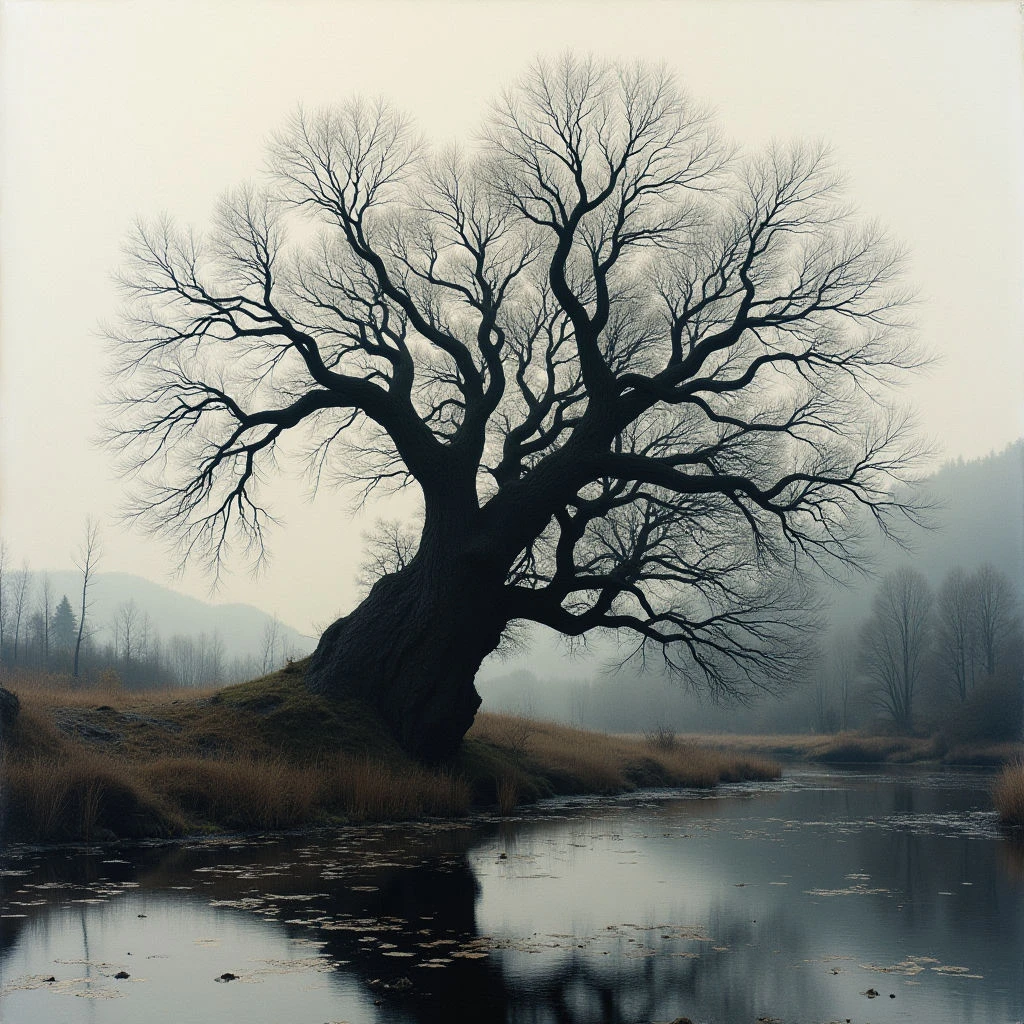 A massive, bare tree dominates the landscape, its gnarled branches reaching out over dark water. The tree is situated on a small rise of land covered in brown grasses, and a thick fog obscures the background trees and distant hills. The scene feels still and somber, with muted colors lending an air of quiet melancholy.