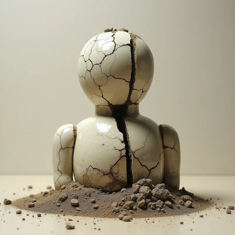 A cracked, cream-colored humanoid figure sits centered against a pale, neutral background, emerging from a mound of coarse brown earth. The smooth, glossy surface of the figurine contrasts with the jagged fissures running through its form and the granular texture of the soil at its base. Soft, diffused light illuminates the scene, casting gentle shadows that define the rounded shapes and deep crevices of the object.