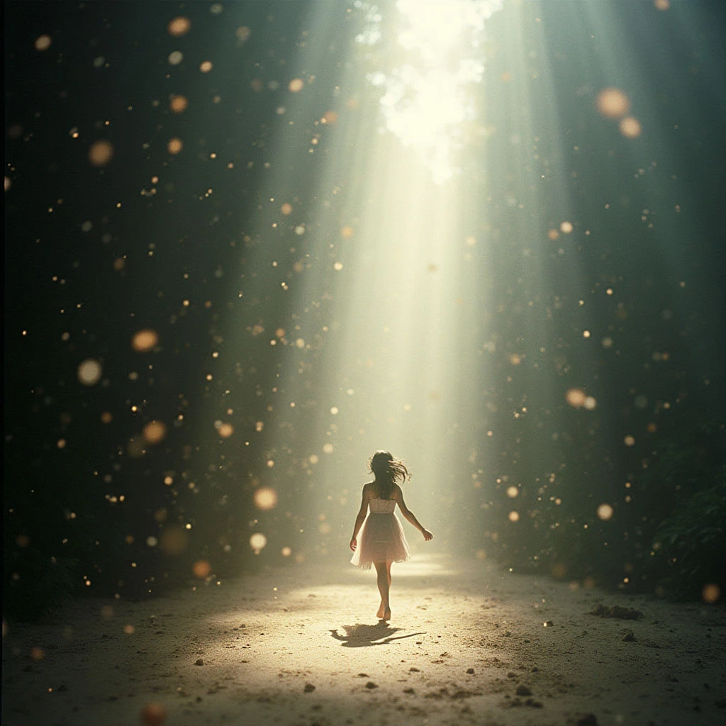 A young girl walks forward on a sandy path, her back to the viewer. She is bathed in a bright, ethereal light that streams down from above and is surrounded by floating particles of dust or shimmer. Dark trees frame both sides of the path, creating a sense of mystery and wonder.