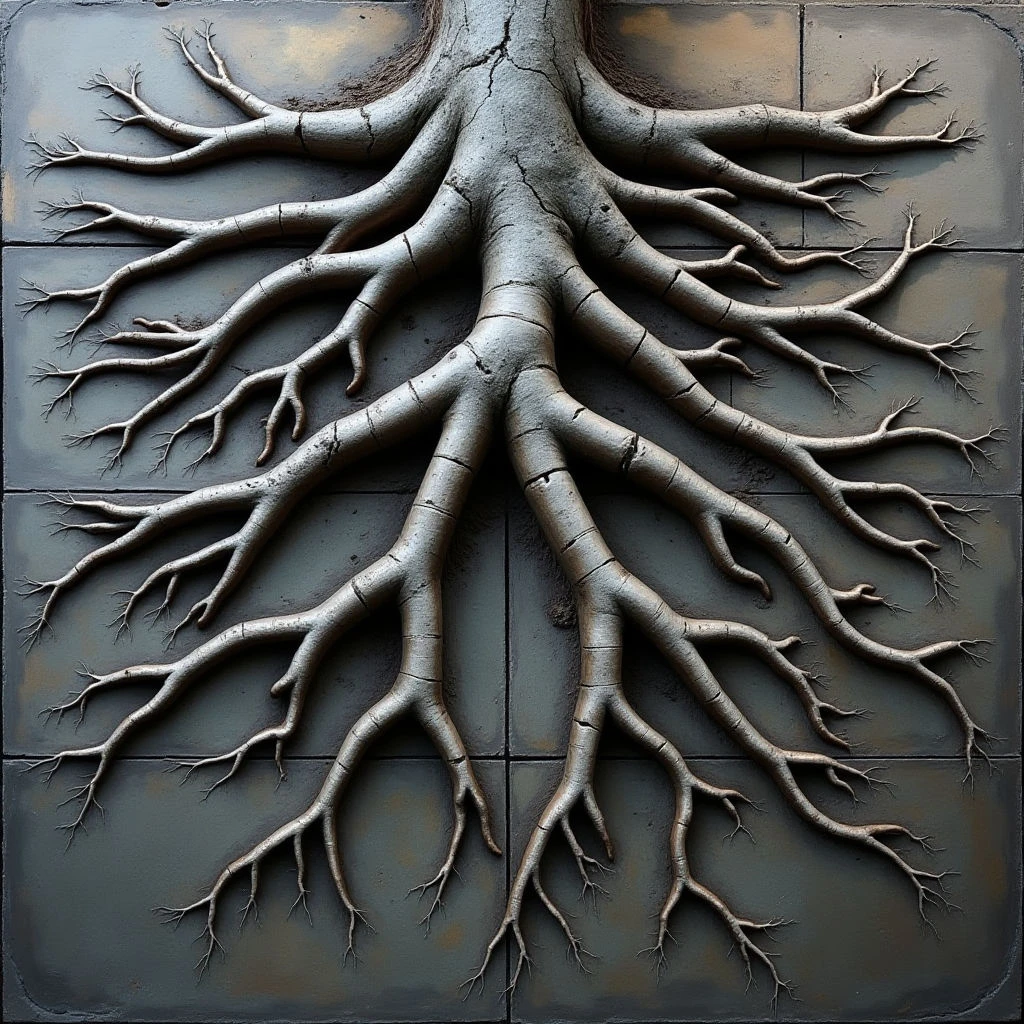 The image features a network of pale roots extending outward from a central trunk against a dark gray, textured background divided into square tiles. The roots are highly detailed with visible ridges and branching patterns, creating a rough, organic texture that contrasts with the smoother tile surface. Light appears to be coming from above, casting subtle shadows and highlighting the three-dimensional form of the root system while emphasizing its depth relative to the flat backdrop.