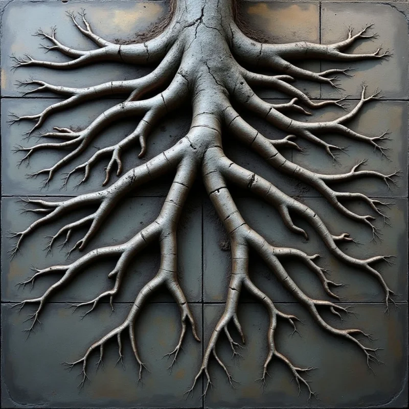 The image features a network of pale roots extending outward from a central trunk against a dark gray, textured background divided into square tiles. The roots are highly detailed with visible ridges and branching patterns, creating a rough, organic texture that contrasts with the smoother tile surface. Light appears to be coming from above, casting subtle shadows and highlighting the three-dimensional form of the root system while emphasizing its depth relative to the flat backdrop.