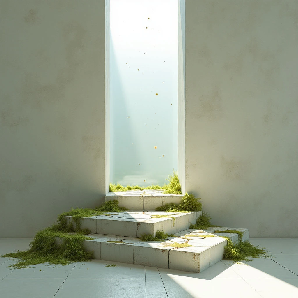 The image features a muted color palette dominated by pale greens and off-whites, with a cool blue visible through an opening in the wall. Rough textures are present on the stone steps and surrounding walls, contrasting with the soft appearance of moss growing at their base and along the edges; smooth tile flooring extends throughout the space. A bright shaft of light illuminates the central steps and casts long shadows, creating a sense of depth within the minimalist architectural setting.