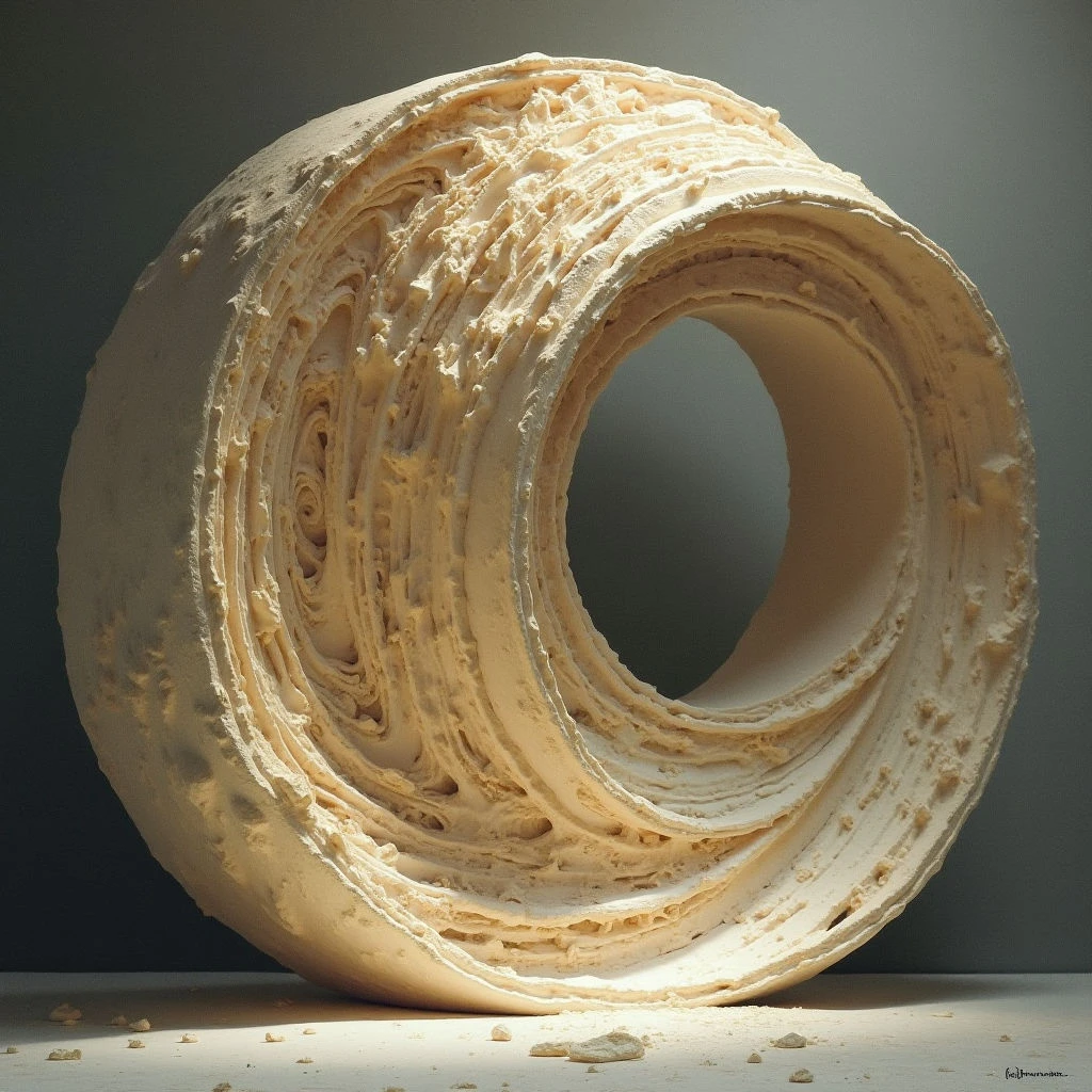 A large, roughly circular sculpture stands on a flat surface, appearing to be made of layered material like stone or wood. The form is hollowed out with an organic, swirling pattern that creates a central opening. Debris from the carving process litters the ground around its base in soft light.