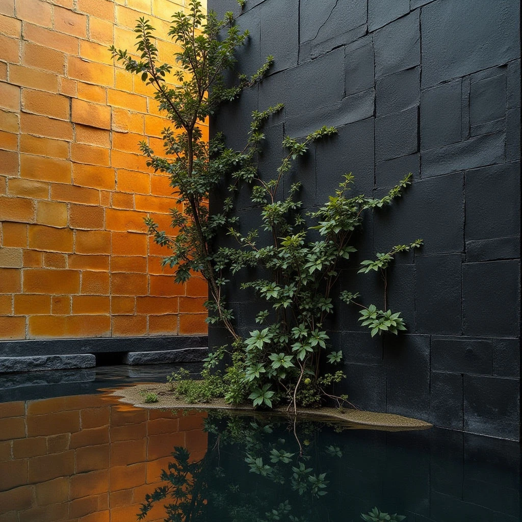 The image features a stark contrast between warm orange and cool dark gray tones, primarily in brickwork forming two adjacent walls. A slender plant with vibrant green foliage grows vertically between the walls, its reflection visible in a shallow pool of water at the base. Light appears to be diffused, creating soft highlights on the textured surfaces and reflections while maintaining deep shadows within the spatial corner formed by the walls and water.