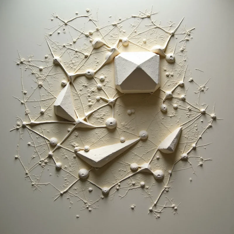 A complex, geometric arrangement of pale shapes covers a neutral background. Sharp-edged prisms and rounded spheres are connected by delicate, branching lines that radiate outwards like a network. The overall effect is reminiscent of a crystalline structure or a stylized biological form.