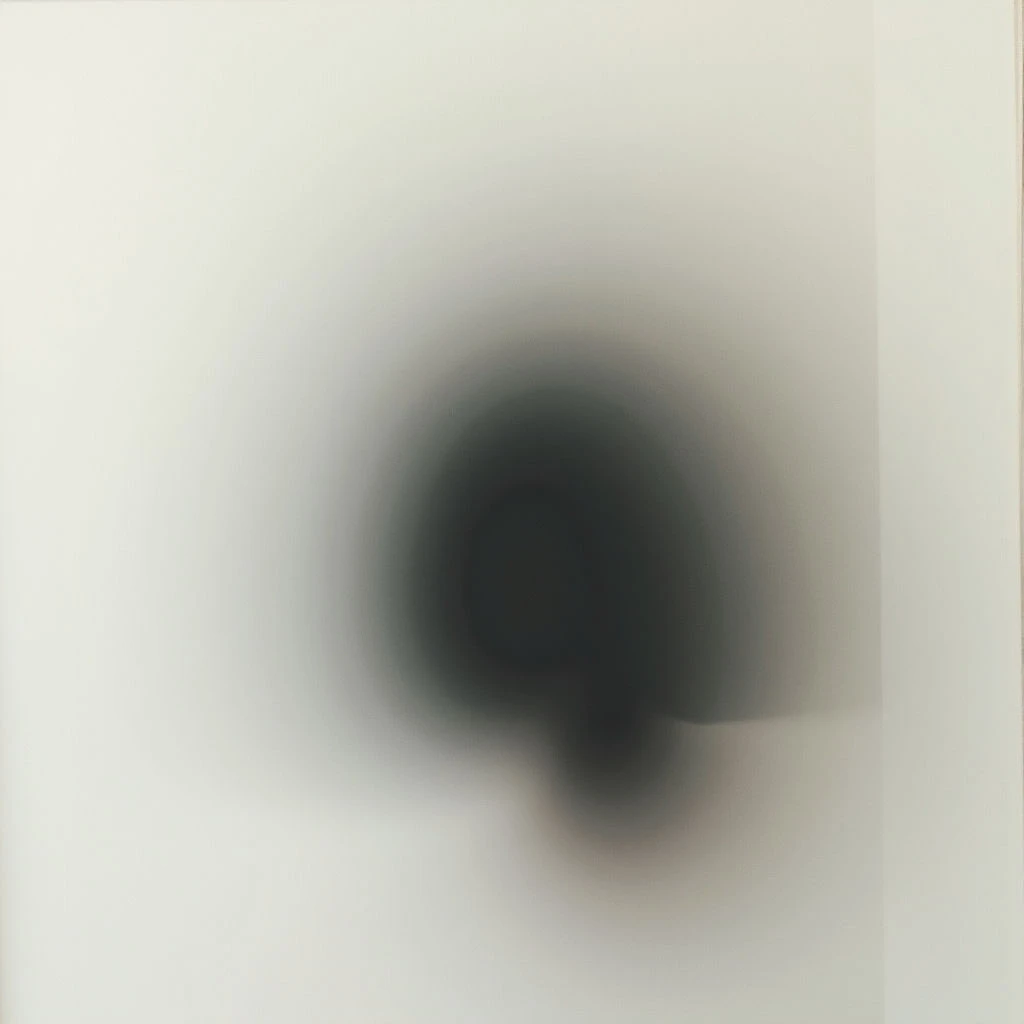A dark, blurred shape dominates the center of a mostly white space. The edges of the shape fade into a soft gradient, blending with the surrounding wall. It appears as though an object is casting a very diffuse shadow on a bright surface.