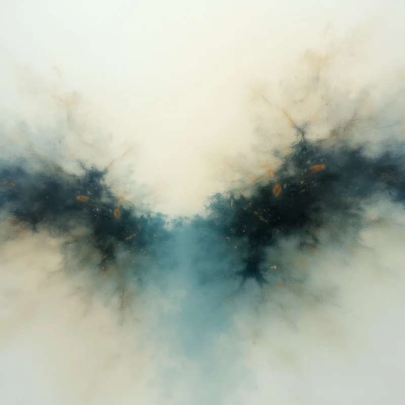 Dark, textured shapes burst outwards from a central pale blue line on a creamy white background. Hints of gold fleck throughout the darker areas add subtle contrast and shimmer. The overall impression is one of an explosion or spreading energy contained within a soft, ethereal space.