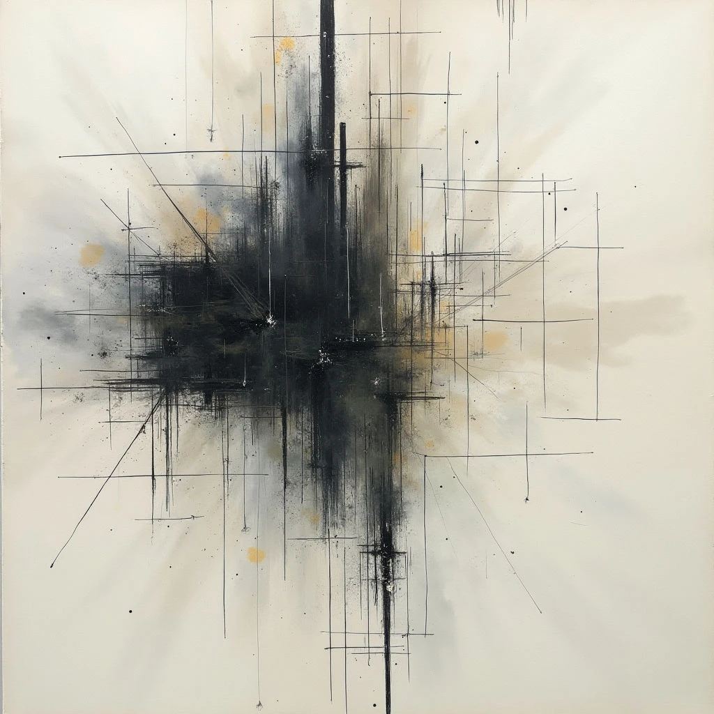 A dark, vertical shape dominates the center of a bright white field, appearing to burst outwards with radiating lines and splatters. Thin black lines intersect across the composition, creating a grid-like structure around the central form, accented by small flecks of gold. The overall effect is one of controlled chaos and energetic expansion on a stark background.