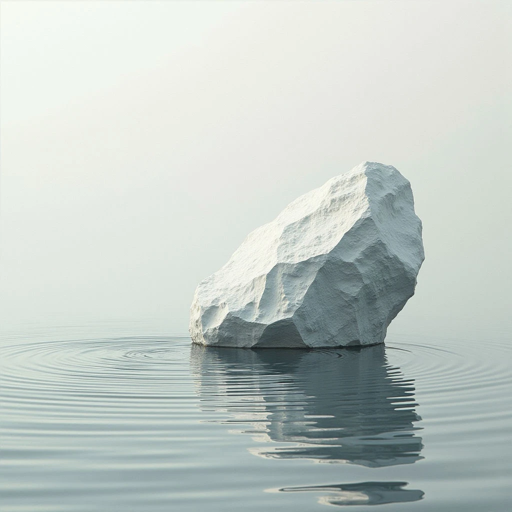 A large, pale rock sits centered in a still body of water. Ripples spread outwards from the base of the stone, disturbing the otherwise perfectly mirrored surface. The background is a soft, hazy grey, creating a sense of quiet and isolation.