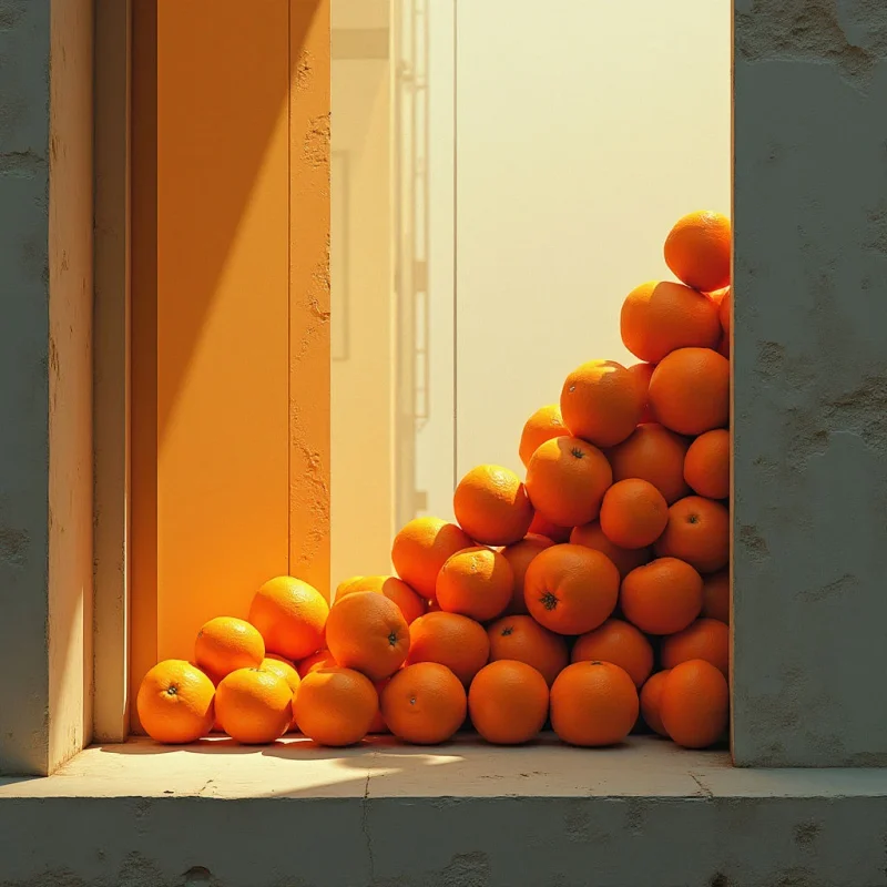 The image features a large pile of oranges filling an alcove framed by textured, orange-toned walls and a smooth, pale ledge. Light enters from the back of the alcove, creating highlights on the fruit and casting shadows that define their rounded shapes and suggest depth within the arrangement. The overall color palette is warm and monochromatic, with variations in tone emphasizing the oranges’ form and the rough texture of the surrounding surfaces.