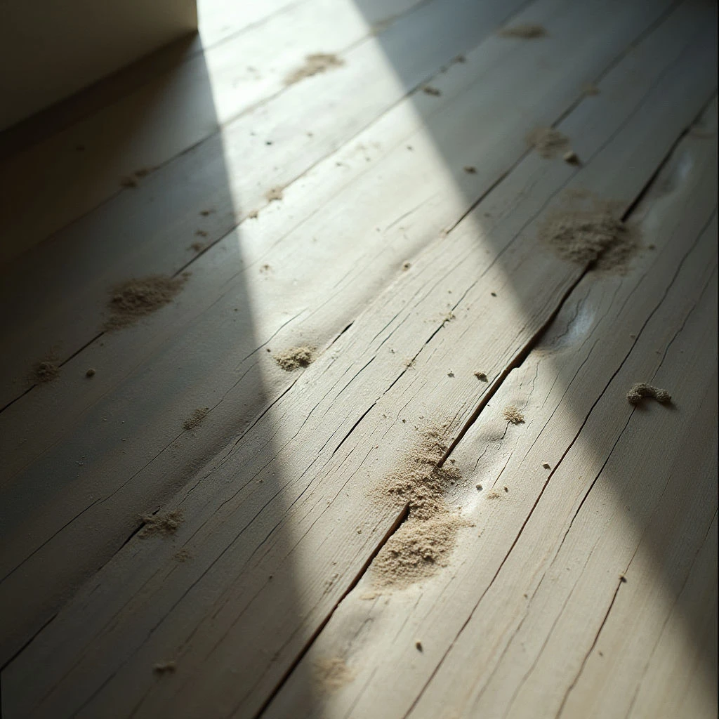 Sunlight streams across a worn, pale wooden floor, highlighting the cracks and knots within the planks. Small piles of dust or debris are scattered across the surface, appearing like tiny mounds along the wood grain. The light creates strong shadows, emphasizing the texture and age of the flooring.