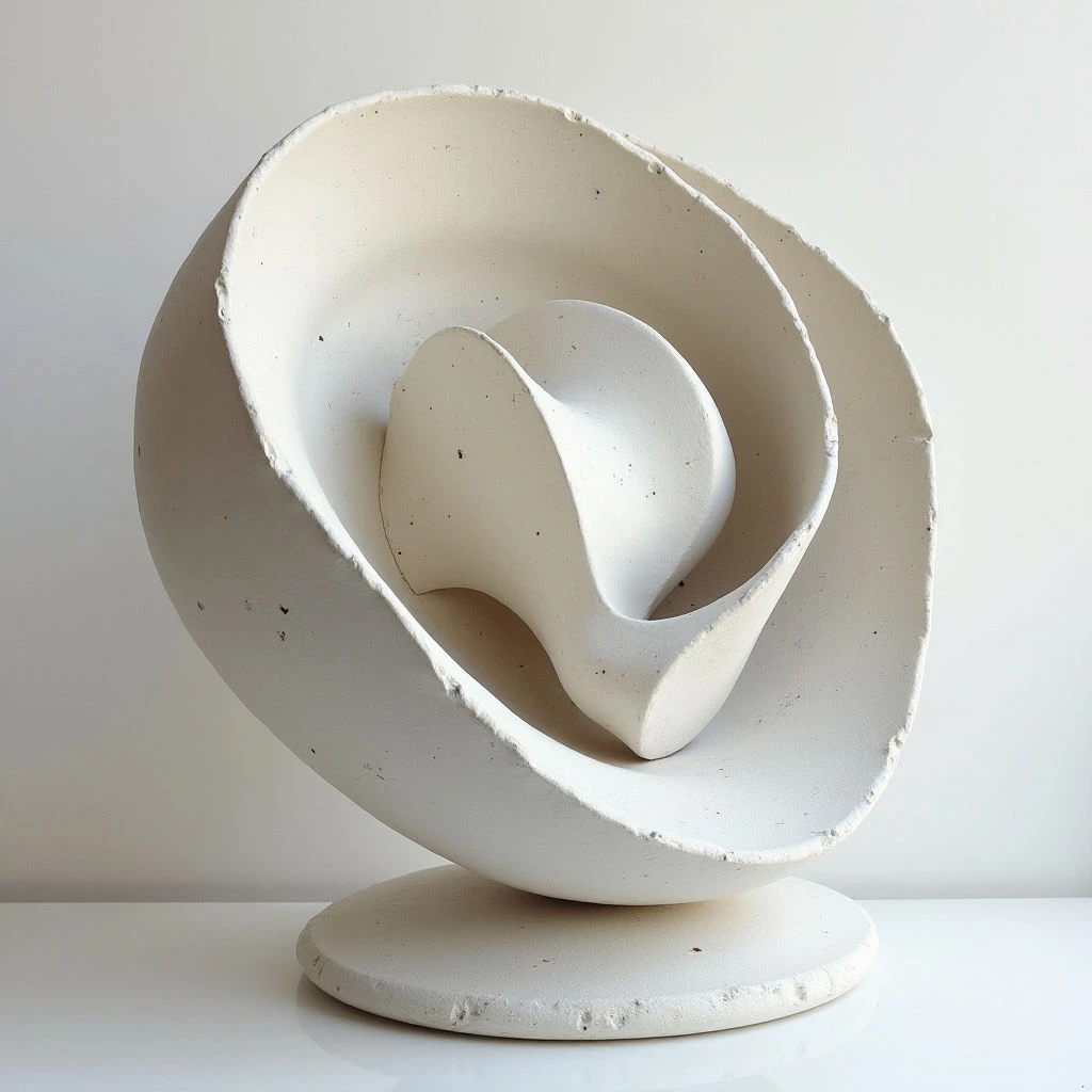A white, abstract sculpture sits on a flat surface against a neutral background. The piece consists of three interconnected, curved forms – two open loops and an inner, rounded shape – all appearing to be made of a rough-textured material. It rests on a wider, oval base, creating a dynamic yet balanced composition.