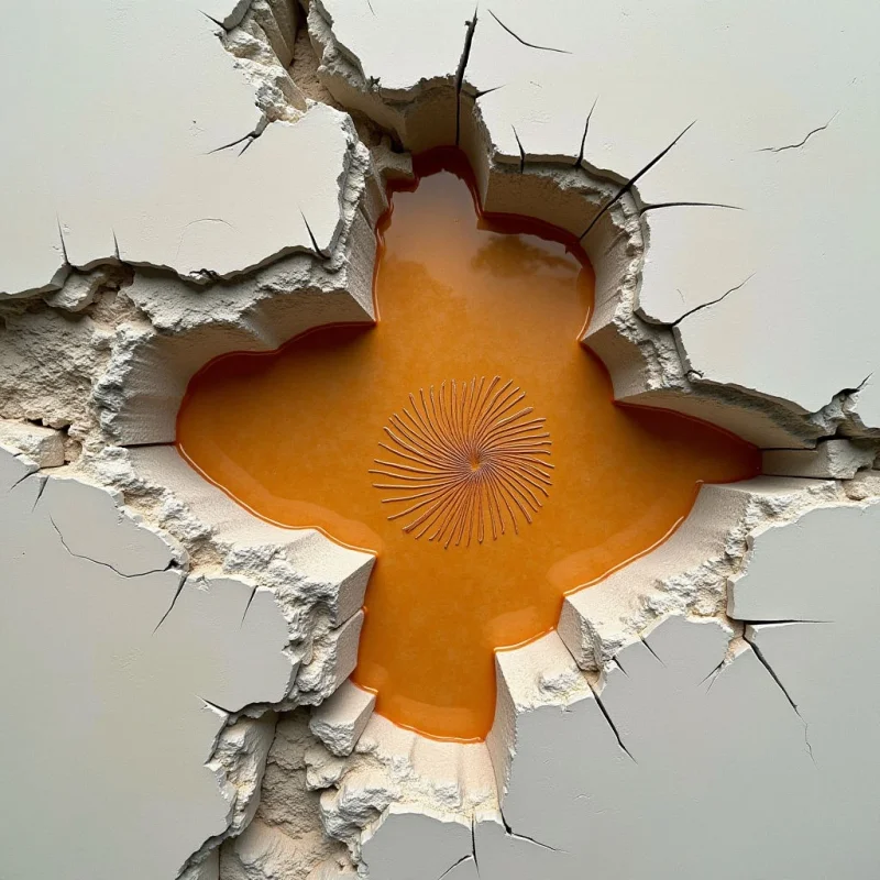 A large, irregular opening in a smooth, off-white surface reveals a pool of opaque, ochre-colored liquid. Within the center of the liquid sits a delicate, spiral pattern of thin, radiating lines. Jagged cracks extend outward from the cratered edges into the surrounding matte landscape, creating sharp geometric breaks against the pale background.