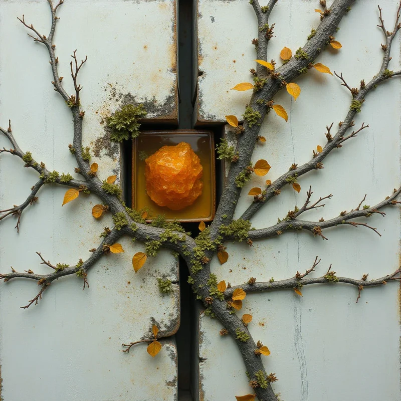 A central, translucent amber mass sits within a square recessed niche, surrounded by dark, branching limbs adorned with small yellow leaves. The composition features a high contrast between the smooth, pale grey surface of the vertical panels and the rough, organic textures of the bark and moss. Light appears even across the scene, highlighting the crystalline quality of the central object against the linear shadows of the wooden slats.