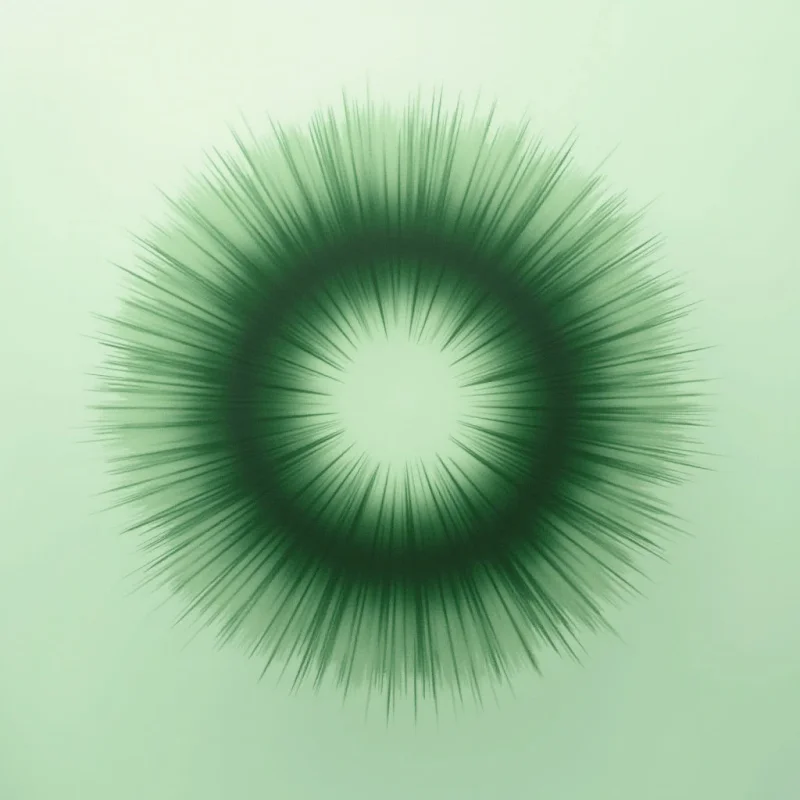 A central pale green circle is surrounded by a dense ring of dark green, needle-like lines that radiate outward into a lighter mint green background. The composition features sharp, fine textures and radial symmetry, creating a sense of depth through the layering of dark and light tones. The arrangement establishes a concentric spatial relationship between the bright center, the dark textured band, and the soft outer field.