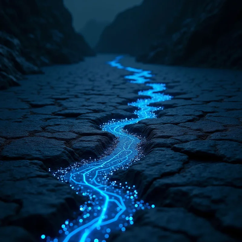 A glowing blue river of light flows through a dark, cracked landscape of rough, textured earth. The composition features a winding, serpentine shape that recedes into a misty, shadowy canyon between steep walls. Brightly luminous particles and streaks contrast against the deep navy and black tones of the surrounding terrain.