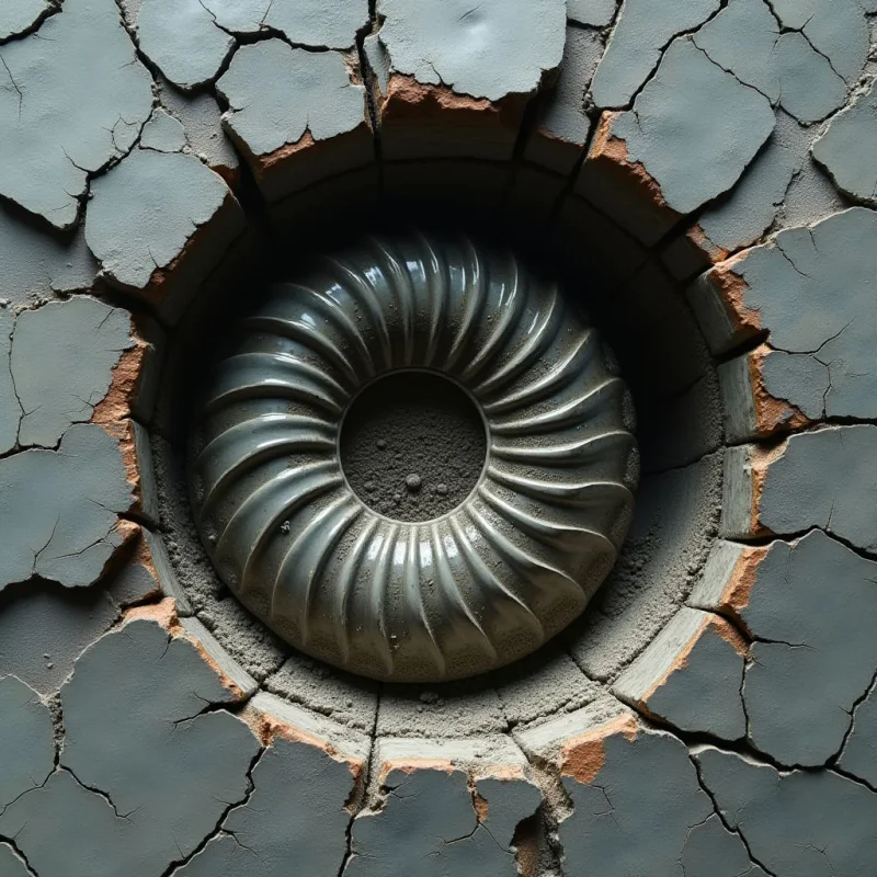 A smooth, dark grey circular object with deep radial ridges is centered within a jagged, recessed opening. The surrounding surface consists of matte, light grey cracked plates with rough, reddish-brown edges. Light falls from above, creating highlights on the central object's curves and casting shadows into the deep crevices of the textured background.