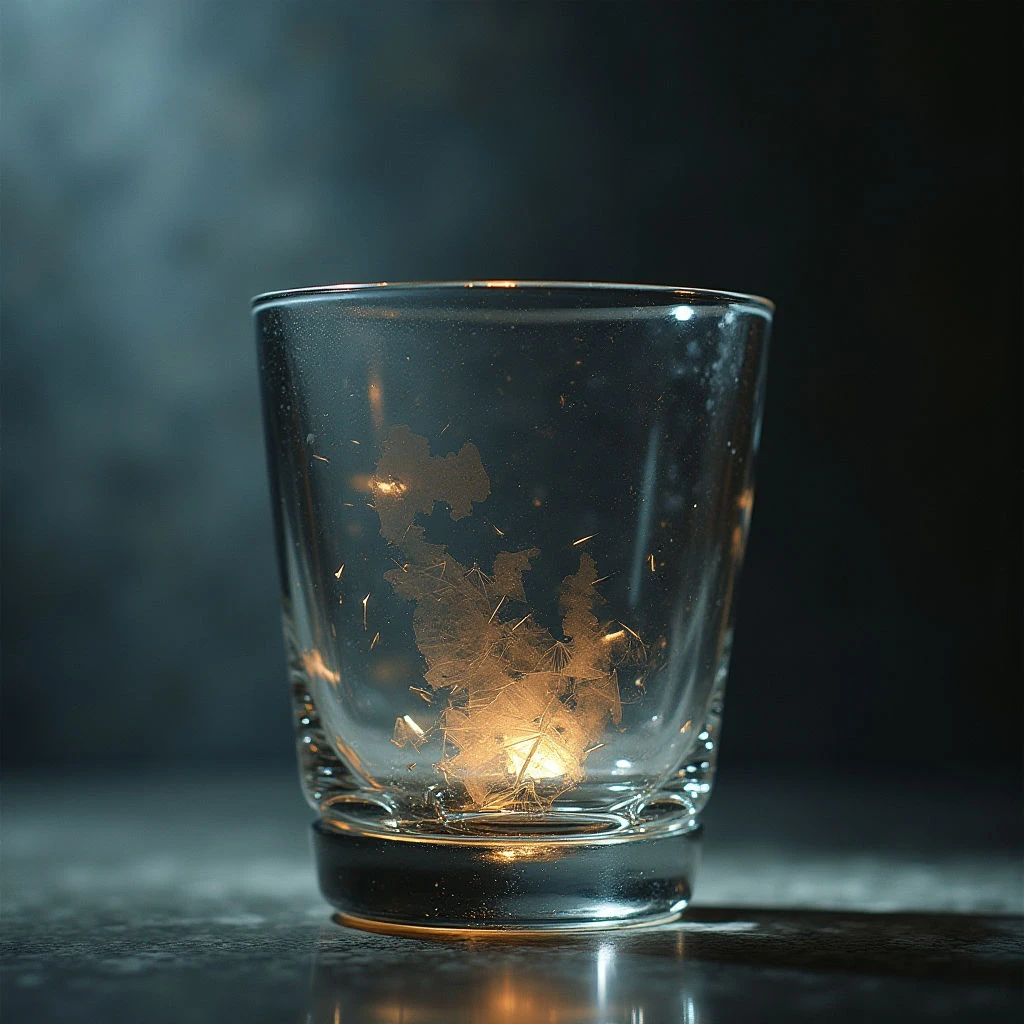 A short, clear glass sits on a dark reflective surface. Within the glass, glowing golden particles and delicate ice crystals float and swirl together. The background is blurred and muted, emphasizing the light within the container.