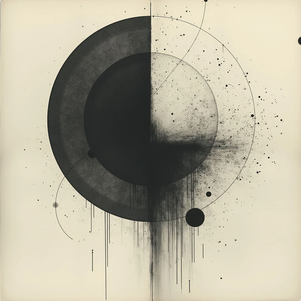 A large, dark circle is bisected by a textured line, creating a stark contrast between solid black and a grainy, lighter shade. Fine lines and small dots radiate outwards from the central form, resembling a celestial map or diagram. Streaks of darker pigment fall vertically beneath the circle, adding to the image’s ethereal and slightly distressed quality.