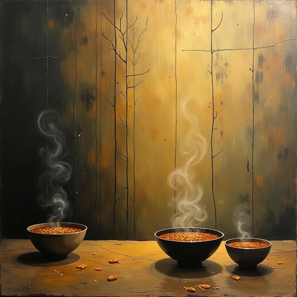 The image features three dark bowls containing a reddish substance, each emitting wisps of white smoke, arranged along a cracked golden surface. A textured wall backdrop transitions from deep shadow on the left to lighter ochre tones with vertical lines resembling tree trunks. Light appears to originate from above and slightly in front, casting shadows beneath the bowls and highlighting the uneven texture of both the table and wall.