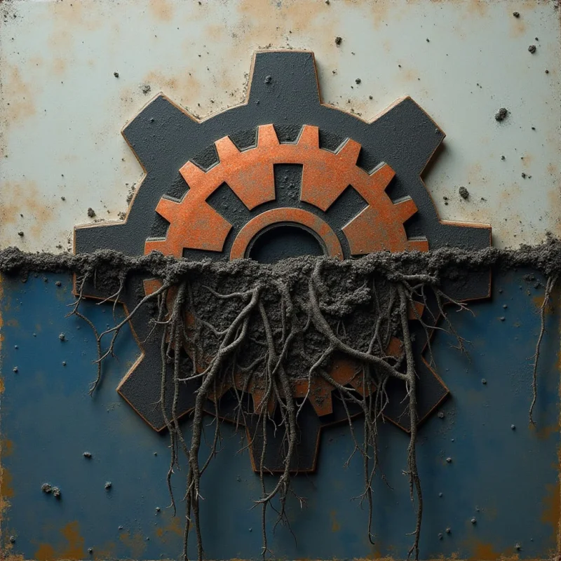 A large, multi-toned gear is centered against a split background of off-white and dark blue textured surfaces. The composition is bisected horizontally by a jagged line of dark, earthy soil that partially obscures the gear's center. Thick, gnarled roots extend downward from this soil layer across the lower half of the gear and the blue background.