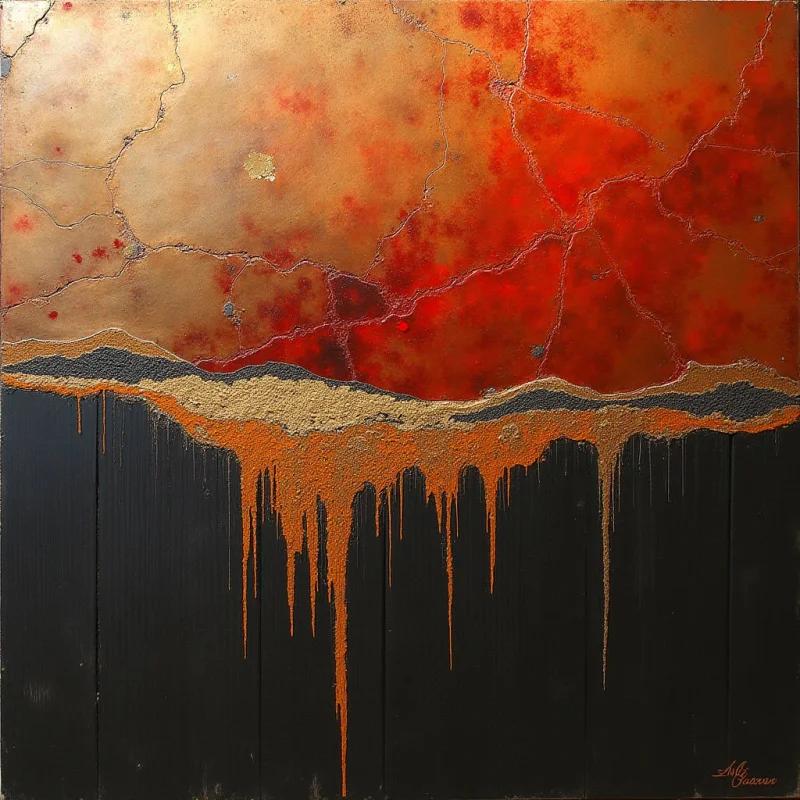 A large upper section of mottled red and gold features cracked, uneven textures and organic, web-like lines. This area meets a jagged, dark grey ridge that separates the warm tones from a black lower field marked by vertical drips of golden paint. The composition is divided horizontally, creating a stark contrast between the luminous, textured top and the dark, linear bottom.