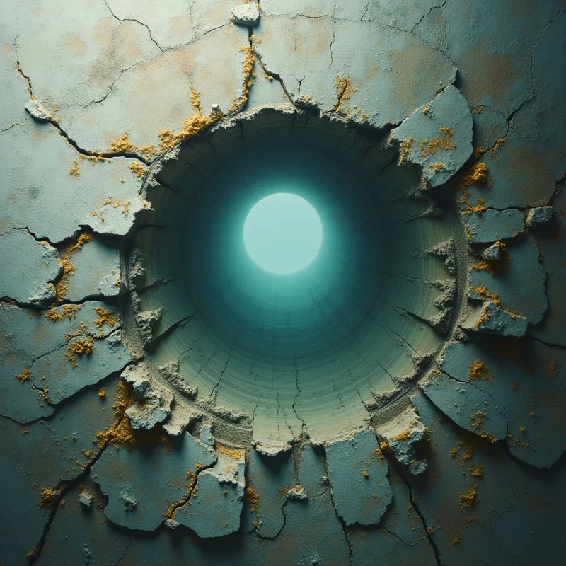 A large, circular hole has been blasted through a cracked and crumbling blue surface, revealing a glowing tunnel within. Yellowish debris clings to the edges of the break, contrasting with the smooth interior walls of the passage. A bright light emanates from deep inside the tunnel, drawing the eye inward.