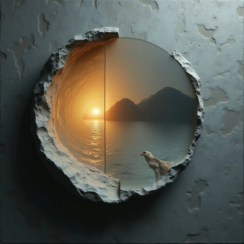 A roughly circular opening is carved into a textured, gray wall, revealing a landscape scene within. The landscape depicts a body of water reflecting an orange sunset and distant mountains, contrasted by the rough, uneven texture of the stone surrounding the aperture. Light emanates from the sunset view, creating highlights on the interior walls of the circle and casting shadows across the exterior surface; a small animal figure stands in the foreground of the internal scene.