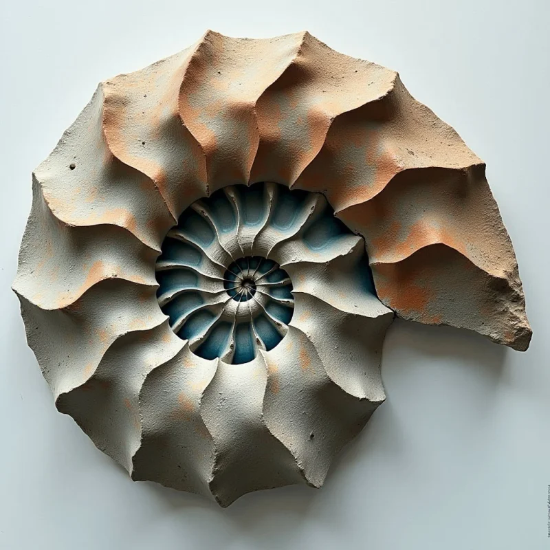 A large, spiral shell shape dominates the frame, featuring a palette of sandy beige and muted grey tones accented by patches of rust-orange. The surface displays a rough, granular texture with deep ridges that create rhythmic, undulating waves spiraling toward a central core. Light falls from the upper left, casting soft shadows within the crevices and highlighting the three-dimensional depth of the recessed blue-grey interior.