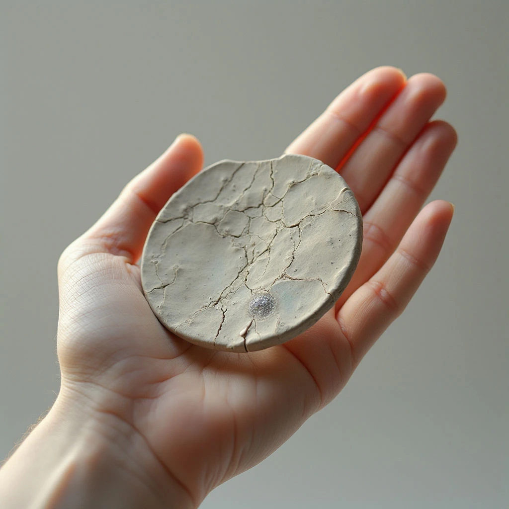 The image features a pale hand holding a roughly circular object with a cracked, earthy surface in shades of gray and muted green. The texture of the object is visibly rough and fragmented, contrasting with the smooth skin of the hand. Soft, diffused light illuminates both the hand and object, creating gentle shadows and highlighting their spatial relationship – the object rests centrally within the open palm.