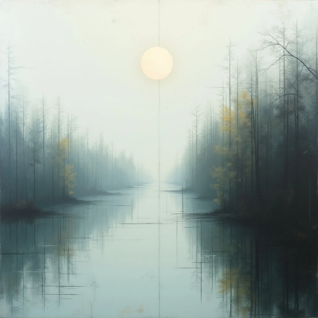 A still, dark body of water stretches into the distance between rows of tall, slender trees. A pale, luminous circle hangs directly above the center of the water, casting a soft glow and reflecting in the calm surface. The scene is shrouded in mist, creating a sense of quiet isolation and ethereal beauty.