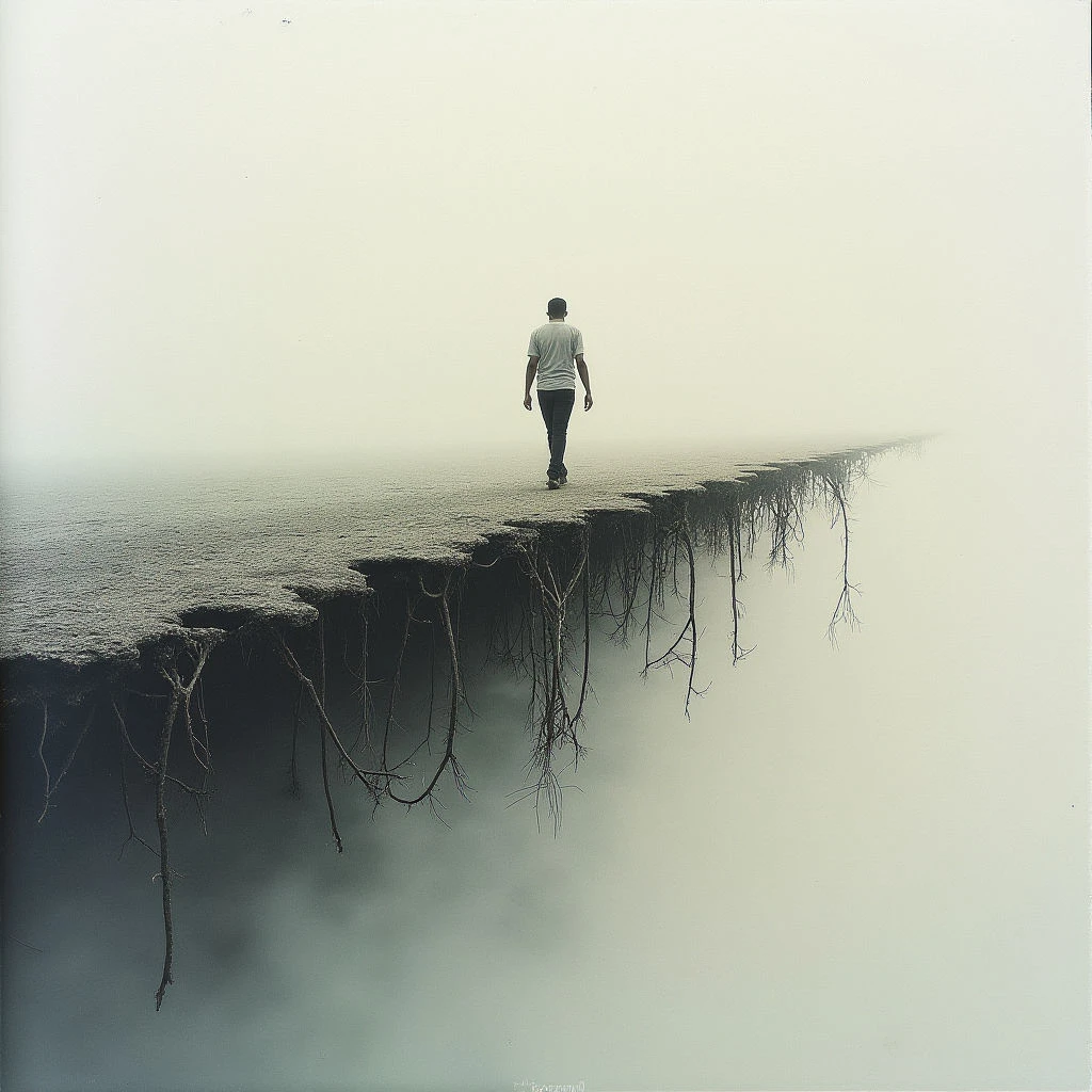 A lone figure walks along a narrow strip of land disappearing into a dense fog. Below the land, exposed roots hang suspended over an endless, reflective void. The overall tone is isolated and surreal, suggesting a journey into uncertainty or introspection.