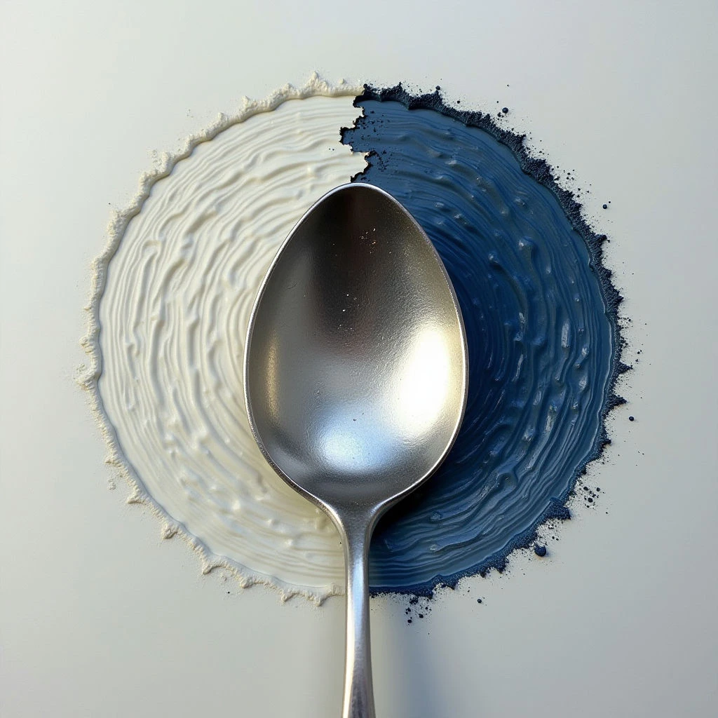The image features a silver spoon bisecting two circular masses of pigment—one white and one deep blue—arranged on a pale surface. The pigments have a heavily textured, rippled appearance, contrasting with the smooth, reflective metal of the spoon. Light appears to come from above and slightly to the left, creating highlights on the spoon’s bowl and casting subtle shadows around its base.