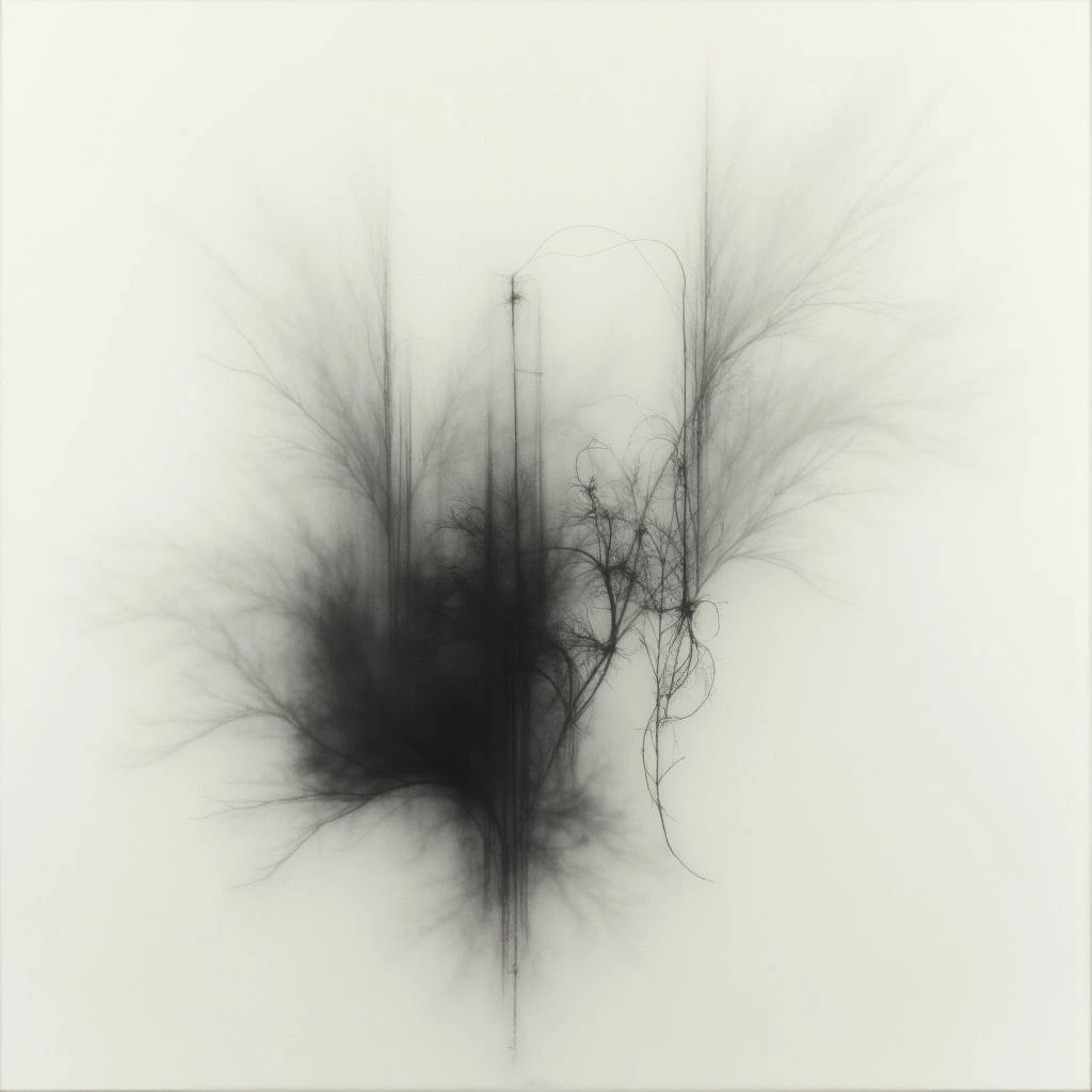 Dark, wispy lines form an abstract shape against a stark white background, resembling tangled branches or smoke dissipating into air. A central vertical line pierces through the darkness, creating a sense of depth and division within the composition. The overall effect is ethereal and delicate, evoking feelings of fragility and mystery.