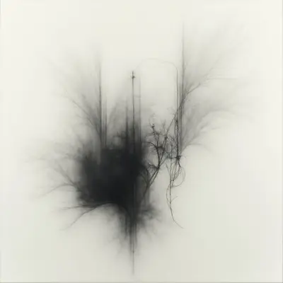 Dark, wispy lines form an abstract shape against a stark white background, resembling tangled branches or smoke dissipating into air. A central vertical line pierces through the darkness, creating a sense of depth and division within the composition. The overall effect is ethereal and delicate, evoking feelings of fragility and mystery.