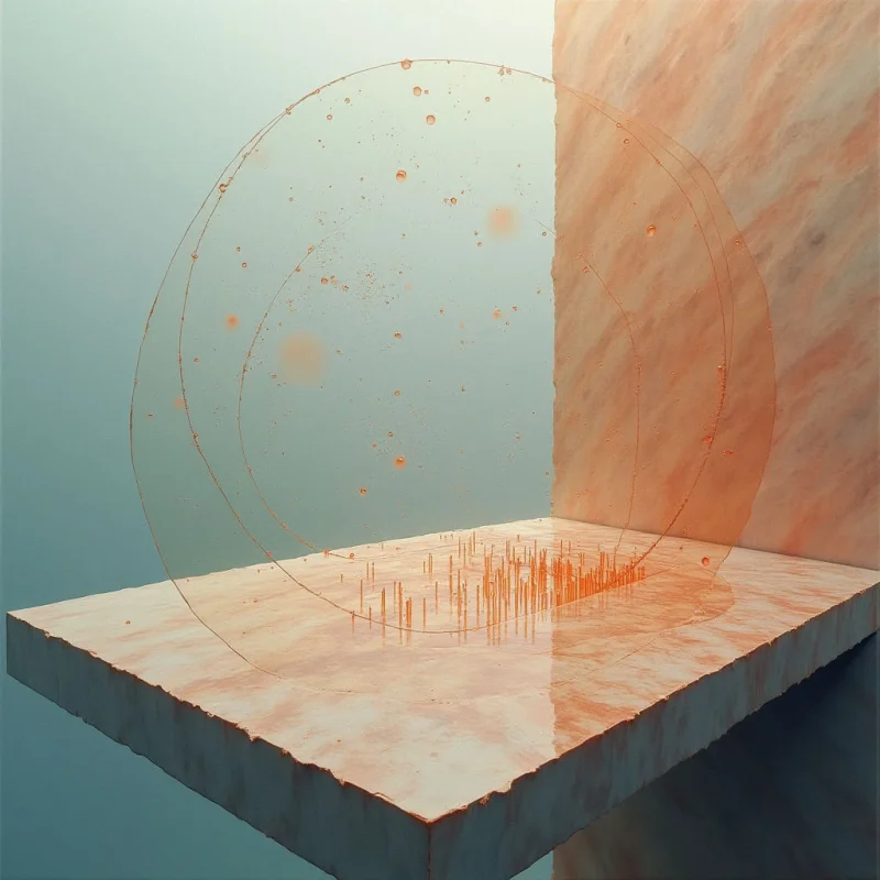 A pale teal background meets a textured, peach-toned marble surface and wall. Fine, orange circular lines and small droplets float in the space above a flat rectangular slab, which features thin vertical protrusions rising from its center. The composition uses soft, diffused light to create subtle shadows and a sense of depth between the floating elements and the solid planes.