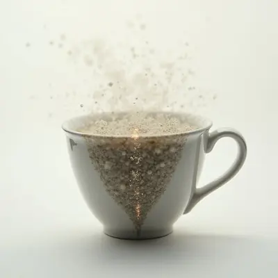 A gray ceramic mug is rapidly disintegrating into a cloud of sparkling particles. The contents within are also breaking down, forming a funnel-shaped stream of dust rising from the base of the cup. It looks as though something solid is dissolving or being pulled apart at an accelerated rate.