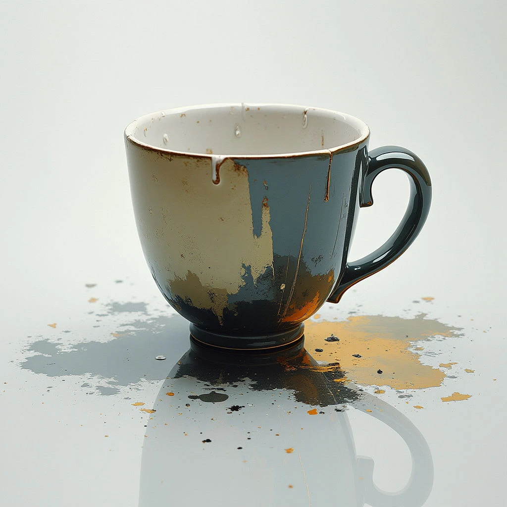 A dark, cracked mug sits on a reflective surface with spilled liquid pooling around its base. Streaks of brown and black run down the side of the mug, indicating something was recently overfilled. The reflection below mirrors the cup and the scattered droplets of the spill.