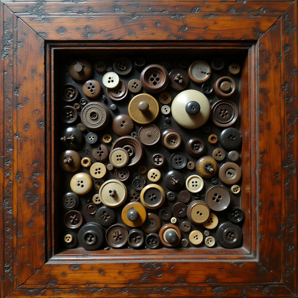 The image features a dense arrangement of buttons within a dark, recessed square frame constructed from wood. Buttons vary in shades of brown, beige, and black, and display both smooth and textured surfaces alongside circular shapes of differing sizes. Light reflects off some button surfaces, creating highlights against the darker background, while spatial relationships suggest a layered composition with minimal gaps between individual elements.