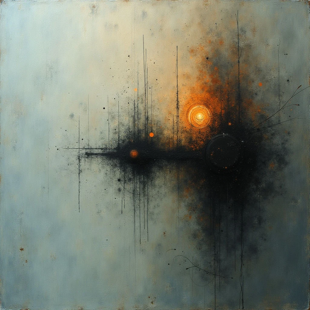 A hazy, pale blue-grey field is bisected by a dark, smoky shape with radiating lines and glowing orange orbs. The composition feels abstract, suggesting an explosion or the emergence of something from darkness into light. Sparse black specks and delicate wisps add texture to the otherwise smooth background.