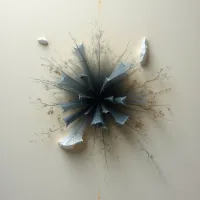 A dark, radial burst of folded material extends outwards from a central point on a pale beige surface. Thin, delicate branches with small buds radiate amongst the folds, and several fragmented white shapes are scattered around the perimeter. The entire composition appears to be mounted slightly off the wall, creating subtle shadows and texture.