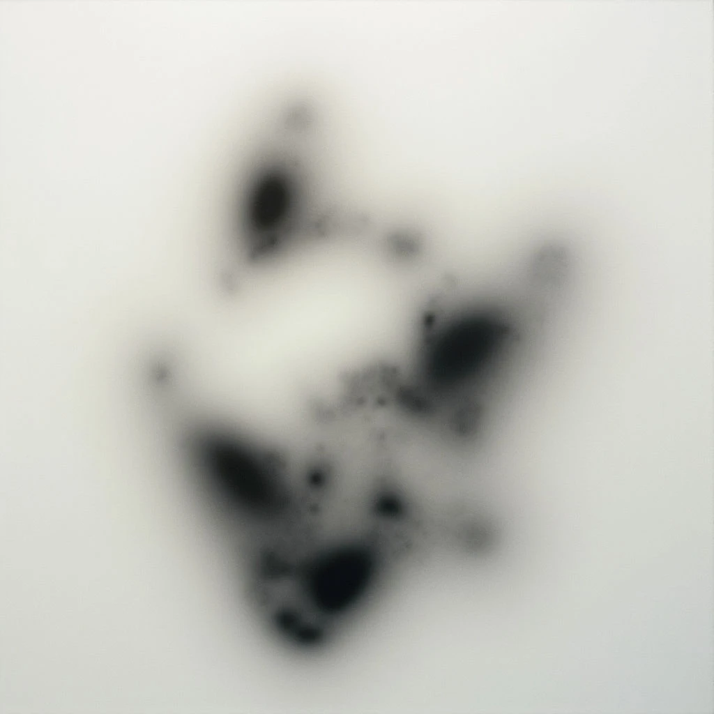 A blurry, dark shape is centered against a bright white background. The form vaguely resembles an animal face—perhaps a panda or bear—but the details are indistinct and softened. Small black specks are scattered throughout the darker areas, adding to the hazy texture.