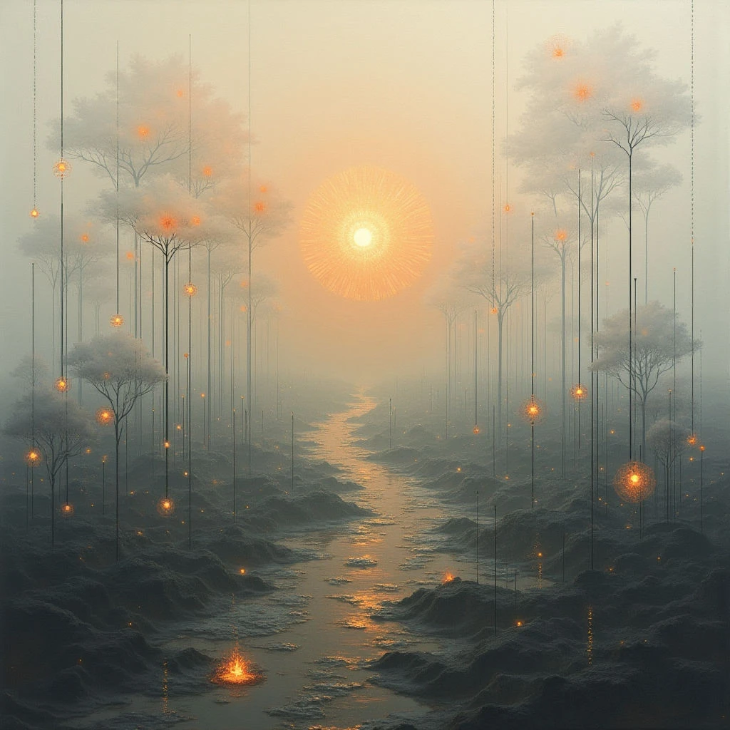 The image features a predominantly muted palette of grays and peach tones, with warm orange highlights emanating from glowing orbs suspended throughout the scene and a central sun-like form. Textures appear soft and diffused, particularly in the cloud-like tree canopies and misty atmosphere, contrasting with the rougher terrain below. Tall, slender trees line a narrow waterway that recedes into the distance, creating a sense of depth while the hanging orbs establish vertical spatial relationships above a low horizon line.