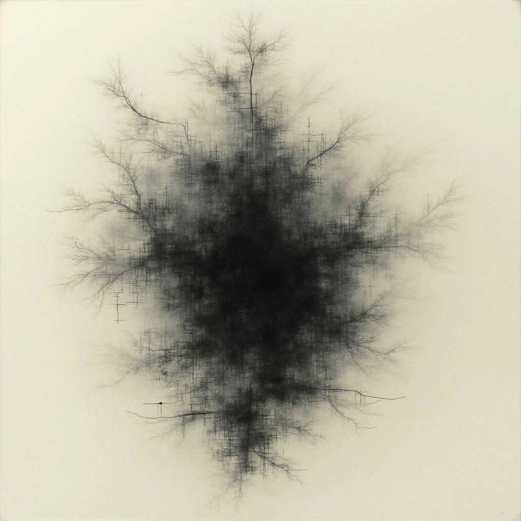 A dark, amorphous shape dominates the center of a pale background, resembling a dense cluster or void. Delicate, branching lines extend outwards from the central mass, like roots or veins spreading across a surface. The overall effect is organic and slightly unsettling, evoking both growth and decay.