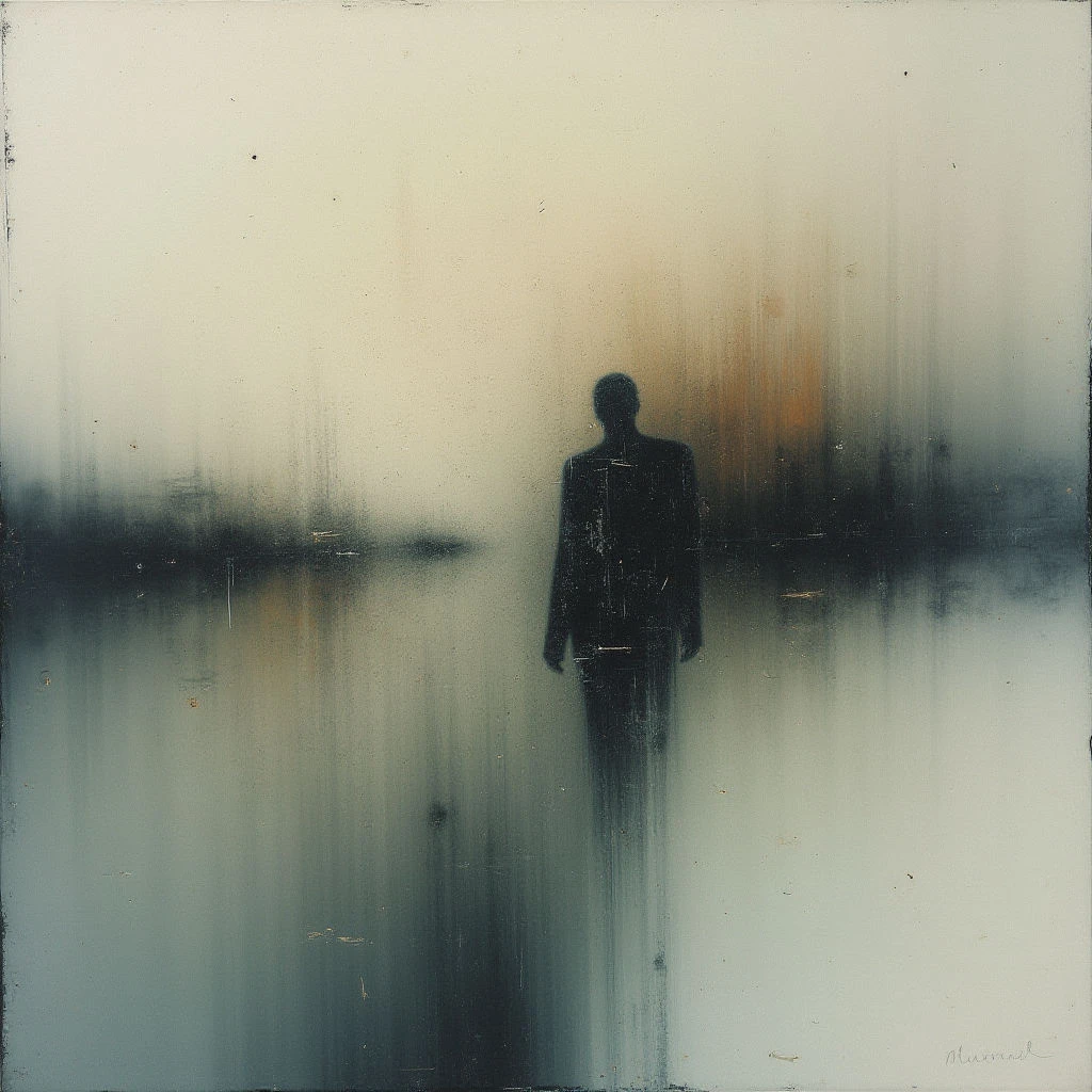 A dark, silhouetted figure stands alone in a hazy, indistinct space resembling water or fog. The background is blurred with soft washes of gray, white, and hints of orange, creating an ethereal atmosphere. The overall impression is one of isolation and quiet contemplation within a dreamlike setting.
