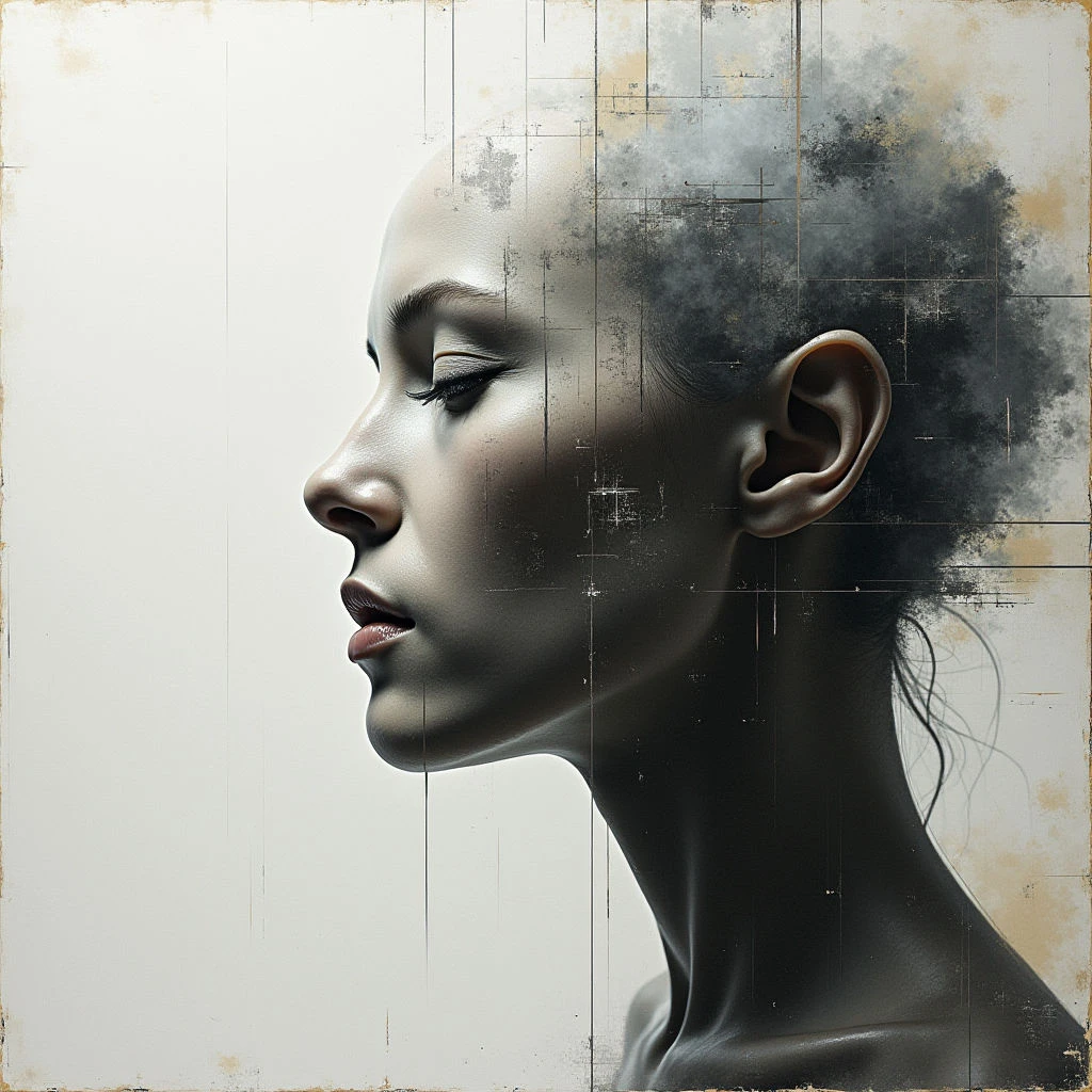 A woman’s face is shown in profile, her skin a smooth, dark grey tone with subtle highlights. One side of her head dissolves into an abstract cloud-like form with gold and black markings against a light background. Fine vertical lines run across the image, creating a grid effect that emphasizes the contrast between solid form and ethereal texture.