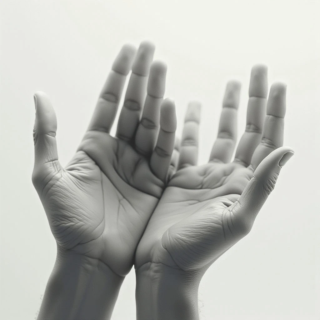 Two open hands are held up, palms facing upwards against a neutral background. The image is monochrome, highlighting the lines and textures of the skin on the hands. They appear to be offering or receiving something unseen.